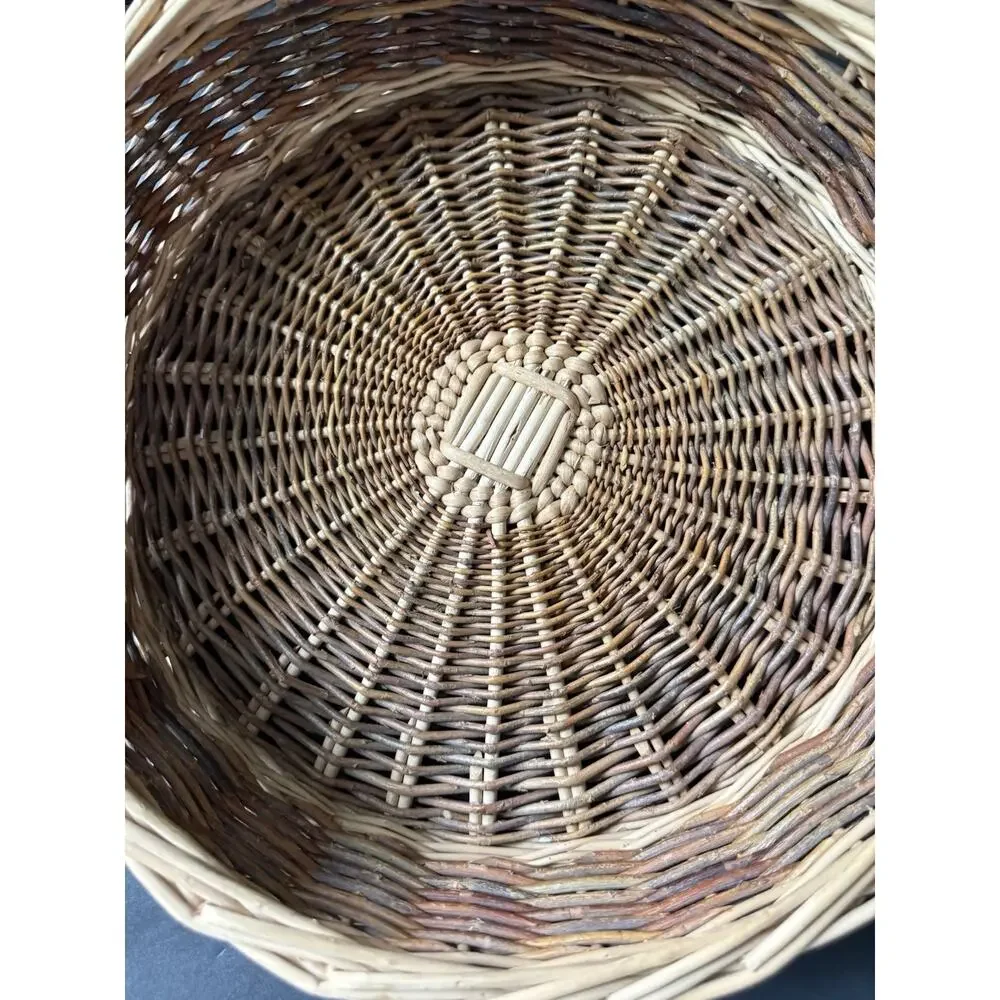 Vintage Handwoven Rattan Wicker Basket Round Handles Farmhouse Cottage Rustic